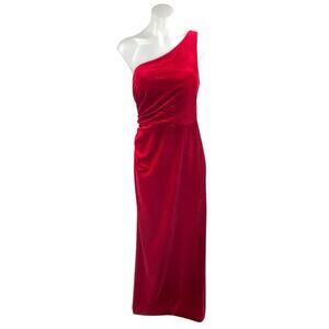 Azazie Red Velvet Velour One Shoulder Sleeveless Maxi Formal A-line Dress Sz 10